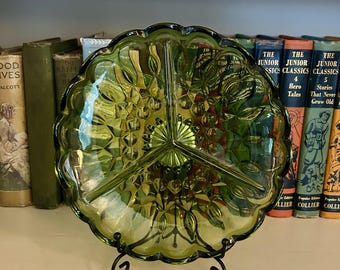 Vintage 1970s Anchor Hocking Avocado Green "Fairfield" Divided Relish Dish, Mid-Century Trinket or Jewelry Storage