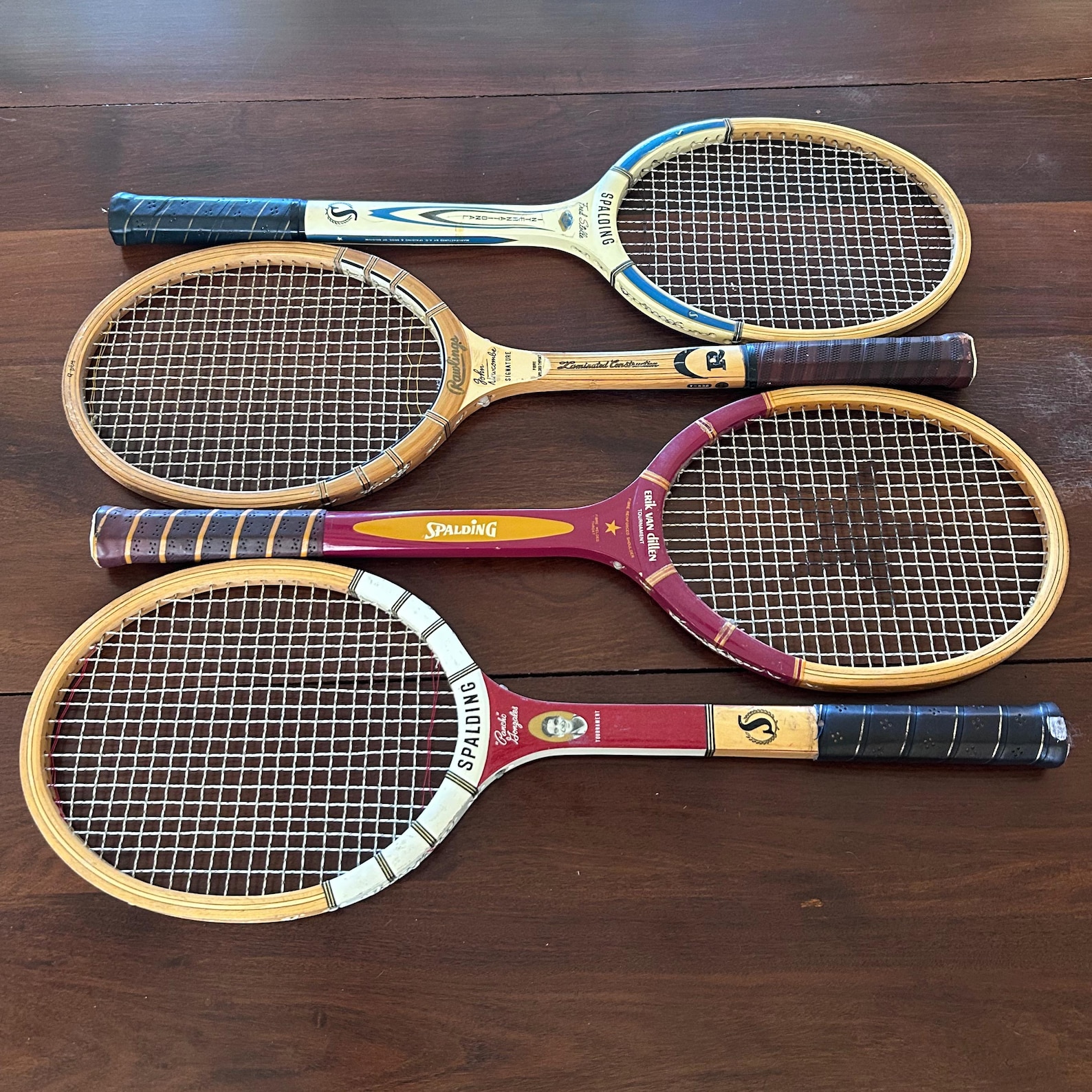 Vintage Wooden Tennis Rackets, Fred Stolle, Erik Van Dillen, Pancho Gonzalez, John Newcombe
