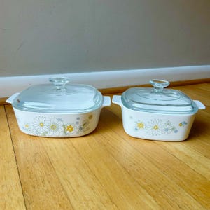 May include: Two white casserole dishes with glass lids. The dishes have a floral pattern in yellow, white, and green. The dishes are on a wooden surface.