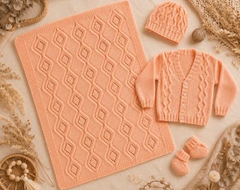 Baby Layette Knitting Pattern | Matching Baby Blanket, Cardigan, Hat & Booties | Zigzag Baby Set | Newborn Gift Pattern | Instant Download
