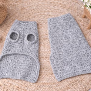 May include: Two light gray, handmade crochet dog sweaters. One sweater has openings for the front legs and a neck hole. The other is a rectangular piece. Both are lying on a beige, woven rug. The sweaters are likely for small dogs.