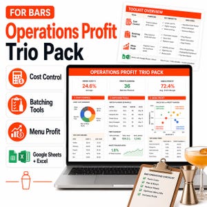 Peut inclure: Un ordinateur portable affiche le "Operations Profit Trio Pack" pour les bars, avec des données sur le contrôle des coûts, les outils de lot et le profit du menu. Un presse-papiers liste les éléments de la liste de contrôle des opérations de bar. Un cocktail et un jigger sont au premier plan.