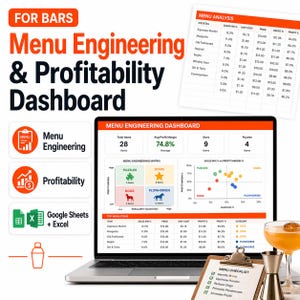 Menu Engineering Spreadsheet for Bars | Profitability Dashboard & Menu Analysis Tool