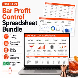 Peut inclure: Un ordinateur portable affiche un "Bar Profit Control Spreadsheet Bundle" avec des graphiques et des données financières. L'image comprend un cocktail, un jigger et une feuille de calcul montrant le contrôle des coûts et les KPI des boissons. Le bundle comprend le coût des cocktails, le contrôle des déchets et l'ingénierie des menus.