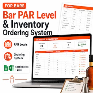 Könnte beinhalten: Ein Laptop zeigt ein Bar-Inventar- und Bestellsystem mit einer Tabelle, die Artikelverfolgung und Sollbestände anzeigt. Eine Bestellliste und eine Inventarcheckliste sind ebenfalls sichtbar. Eine Spirituosenflasche und ein Messbecher sind rechts.
