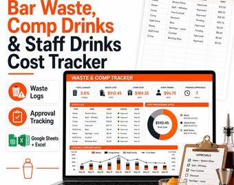 Bar Waste, Comp Drinks, Staff Drinks Cost Tracker (Excel + Google Sheets)