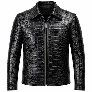 Schwarze Krokodillederjacke für Herren im Slim Fit Moto Biker-Stil