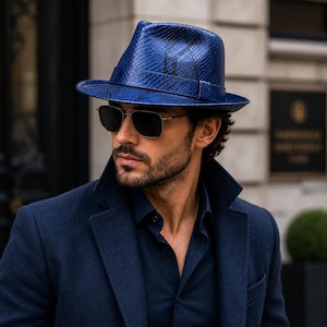 Blue Python Embossed Leather Fedora Hat for Men Luxury Exotic Wide Brim Dress Hat