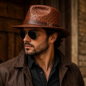 May include: A brown fedora hat with a textured ostrich-skin pattern, featuring a dark brown leather band around the crown and a small metallic emblem with the letter H on the side. The hat has a structured brim and a pinched crown design.