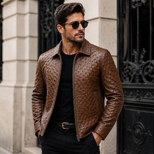 Giacca da uomo in vera pelle di struzzo stile café racer, marrone, realizzata a mano, cappotto classico da motociclista di lusso