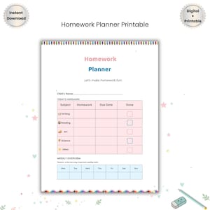 Puede incluir: Una hoja imprimible de planificador de tareas en blanco con un borde de lápices de colores, el texto Homework Planner, Let's make homework fun!, Child's Name, una tabla Today's Homework con iconos y una tabla Weekly Overview semanal.