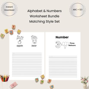 Könnte beinhalten: Ein Arbeitsblatt-Bundle zum Erlernen des Alphabets und der Zahlen. Die Seiten zeigen Illustrationen eines Apfels und eines Bären sowie die Zahl drei und Ballons. Der Text "Alphabet & Numbers Worksheet Bundle Matching Style Set" wird angezeigt.