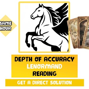 Könnte beinhalten: Schwarz-Weiß-Illustration eines geflügelten Pferdes mit drei Tarotkarten. Der Text enthält "SAME HOUR", "DEPTH OF ACCURACY LENORMAND READING" und "GET A DIRECT SOLUTION". Das Bild hat einen gelben Rahmen.