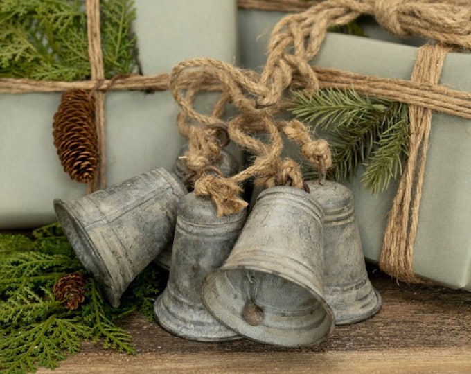 Vintage Christmas Rustic Hanging Metal Bells Rope Garland Antiqued Aged Galvanized Embossed Tin