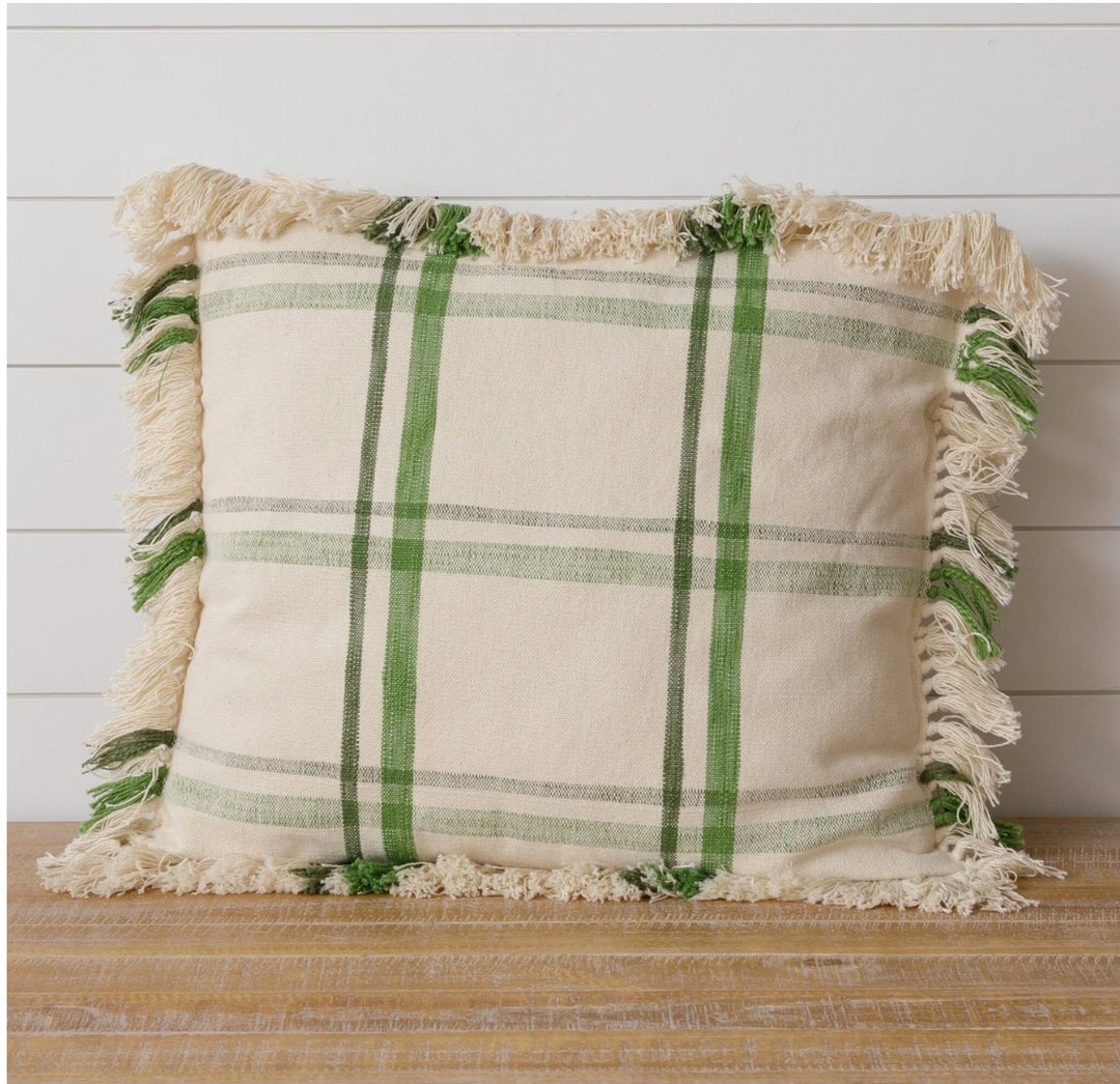 Green Check Plaid Fringe Pillows Home and Holiday Decor Natural Cotton