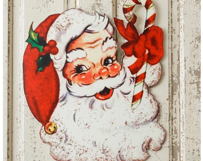 Rustic Vintage Retro JOLLY SANTA CLAUSE Candy Cane Aged Antiqued Rusty