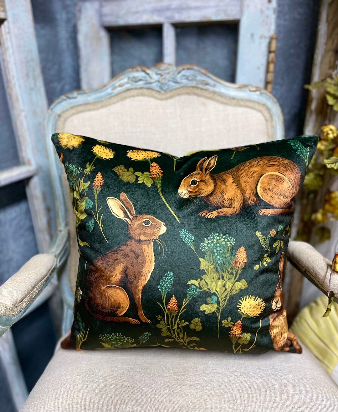Plush Velvet Wildflower Meadow Hare Pillow Botanical Floral Bunny ...