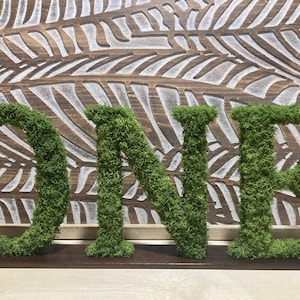 May include: A decorative sign spelling "ONE" in large, moss-covered letters. The letters are mounted on a dark brown base, set against a wooden background with a carved leaf pattern. Ideal for a first birthday.