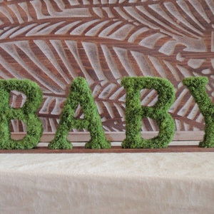 Letras de musgo independientes de 7" de alto sobre base de madera: elija hasta 8 letras, números y símbolos personalizados por base