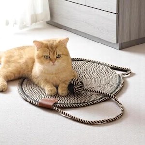 Könnte beinhalten: Eine goldfarbene Katze liegt auf einem runden Katzenbett. Das Bett ist schwarz-weiß gewebt, mit einem braunen Lederakzent und einem Seilgriff. Das Katzenbett ist für den Komfort und die Entspannung von Katzen konzipiert.