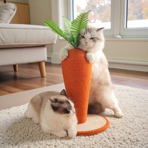 May include: Two cats interact with a carrot-shaped cat scratcher. The orange scratcher has a sisal exterior and green leafy top. One cat stands, paws on the scratcher, while the other cat sits on the carpet. The scratcher sits on a round base.