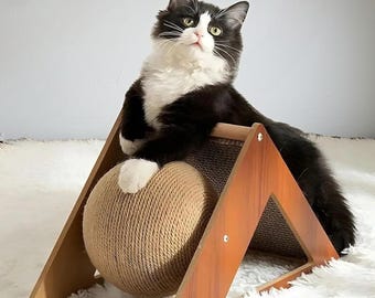 Cat Scratching Post With Ball, Wooden Triangle Cat Scratcher, Rope Scratch Toy, Indoor Furniture