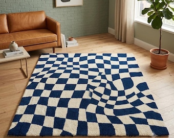 Tappeto moderno a scacchiera ondulato trapuntato, decorazione d'arredo geometrica retrò, tappeto a scacchi blu