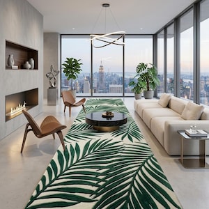May include: A long rectangular area rug featuring a cream-coloured background with a repeating pattern of large, dark green palm leaves. The rug is positioned in a room with a white sofa, two brown wooden chairs, and a round black coffee table.