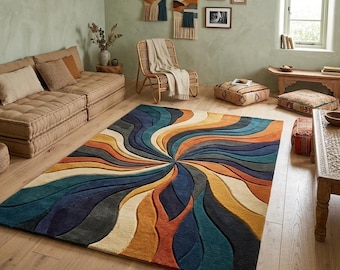 Tappeto in lana con motivo a spirale colorato / Tappeto astratto trapuntato a mano / Tappeto moderno di grande impatto / Decorazione per soggiorno