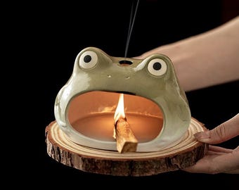 Frog Motif Ceramic Incense Burner | Aromatherapy Fireplace with Sage & Lavender Bundle Set