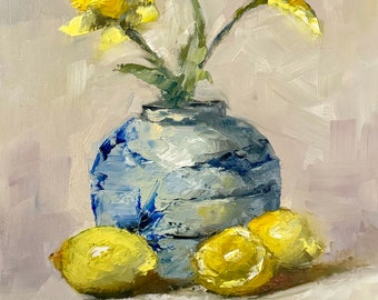 Art Original  Oil Painting  Daffodils Lemons And Blue Canvas  8X10