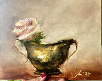 Art Original  Oil Painting  Single Rose And Copper Canvas  8X10