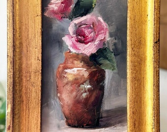 Art Original  Oil Painting  Mini Roses Antique Wood Frame 4X6”