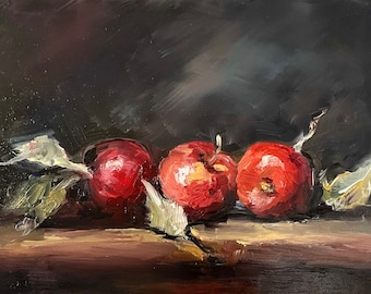 Art Original  Oil Painting Apples Trio Cancas Board 9X12”