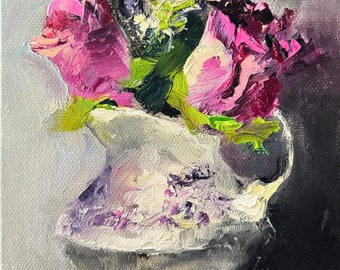 Art Original  Oil Painting  Pink Roses And China  Canvas  Board 5X7