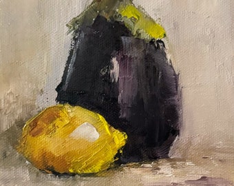 Art Original  Oil Painting Eggplant and Lemon Abstract  Contemporary Canvas 5X5X1.5 Kitchen Decor