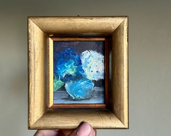 Art Original  Oil Painting  Contemporary Abstract Blue Hydrangeas Antique Wood Frame 3.5X4”