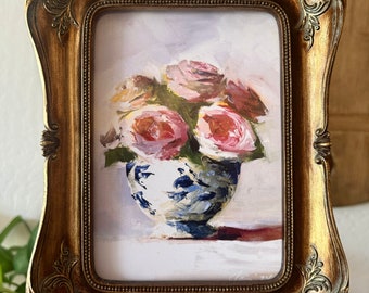 High Definition Art Print Contemporary Floral Boquet Blue Glass Antique Inspired Gold Frame 5X7