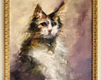 Art Original  Oil Painting  Sophisticated Kitty Portrait Modern Abstract Decor Canvas Board 16X16 Frame Included