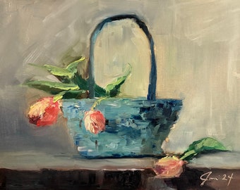 Art Original  Oil Painting Tulips In A Spring Basket  Canvas  Panel  9X12