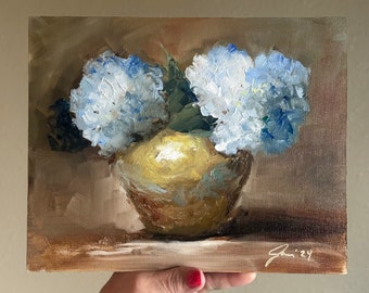 Art Original  Oil Painting Spring Hydrangeas In Blues Canvas Board 8X10”