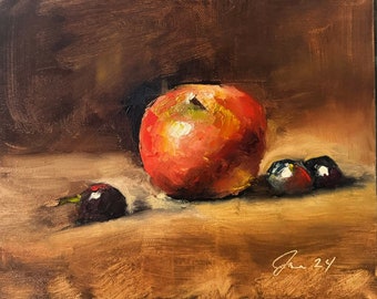 Art Original  Oil Painting A Simple Apple With A Side Of Grapes  Canvas  Board 8X10