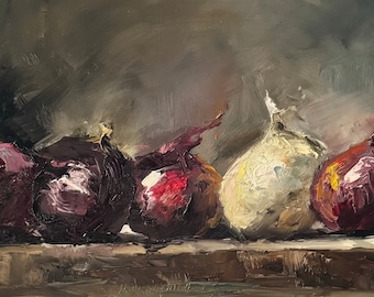 Art Original  Oil Painting  Moody Onions Canvas Board 12X6”