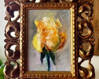 Art Original  Oil Painting Rose Portrait Antique Resin Frame Total Measurement 6X6.5”