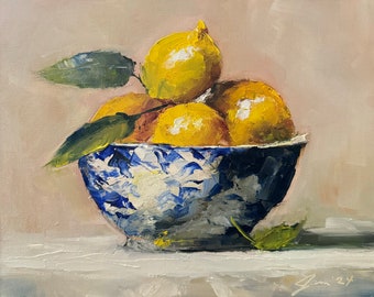 Art Original  Oil Painting  Fresh Lemons And Blue  Canvas 8X10