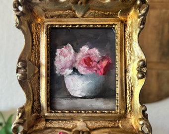 Art Original  Oil Painting  Pink Peonies Antique Inspired Resin  Frame 5X6”