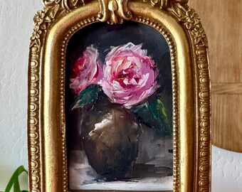 Art Original  Oil Painting  Mini Roses Antique Inspired Frame 3.5X5”