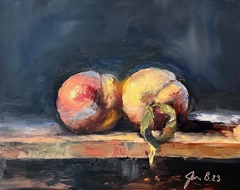 Art Original  Oil Painting Summer  Peaches Canvas Panel Board 8X10”
