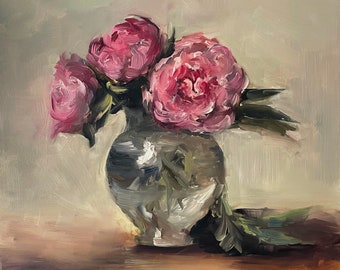 Art Original  Oil Painting  Peonies Canvas Panel Board 12X12