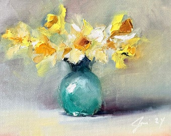 Art Original  Oil Painting Spring High Key Daffodils Oil On Canvas 5X7